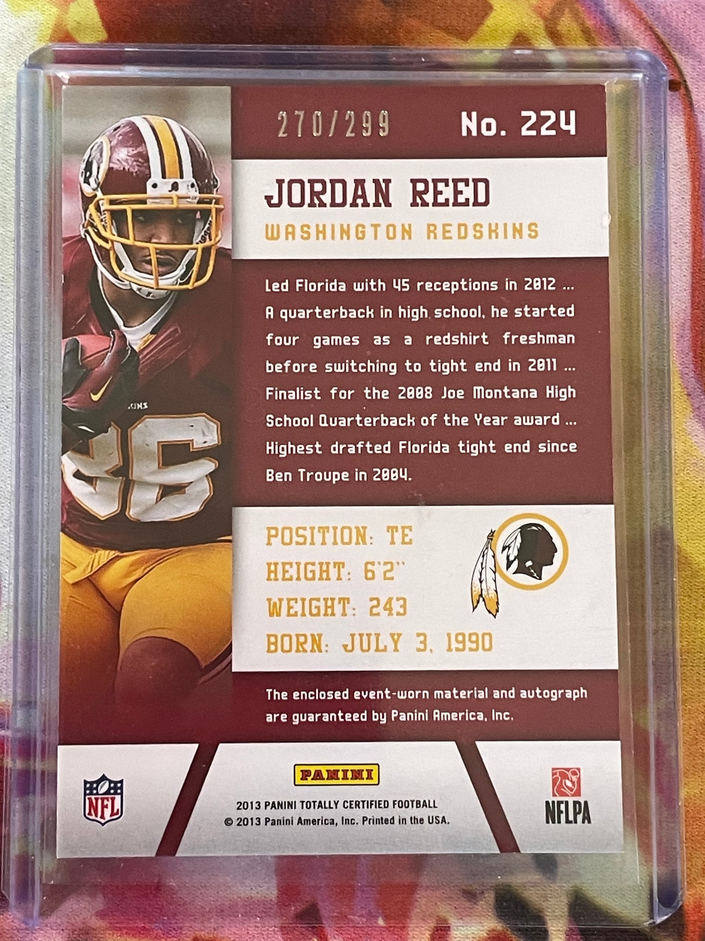 2013 Totally Certified Jordan Reed RPA /299 (GAME WORN)